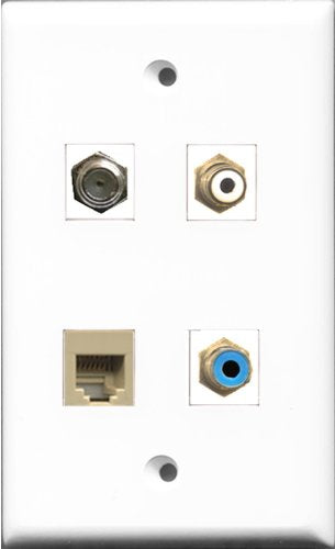 RiteAV 1 Port RCA White and 1 Port RCA Blue and 1 Port Coax Cable TV- F-Type and 1 Port Phone RJ11 RJ12 Beige Wall Plate
