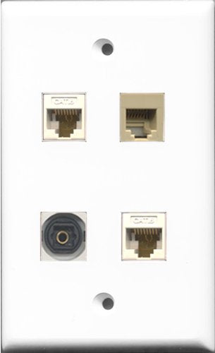 RiteAV 1 Port Phone RJ11 RJ12 Beige and 1 Port Toslink 2 Port Cat6 Ethernet White Wall Plate