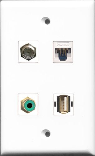 RiteAV 1 Port RCA Green and 1 Port Coax Cable TV- F-Type and 1 Port USB A-A and 1 Port Cat5e Ethernet White Wall Plate