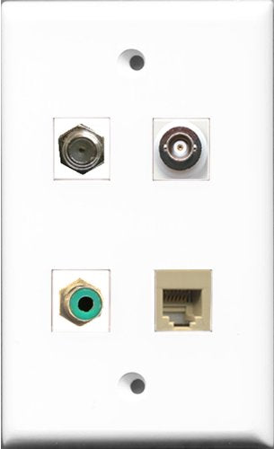 RiteAV 1 Port RCA Green and 1 Port Coax Cable TV- F-Type and 1 Port Phone RJ11 RJ12 Beige and 1 Port BNC Wall Plate