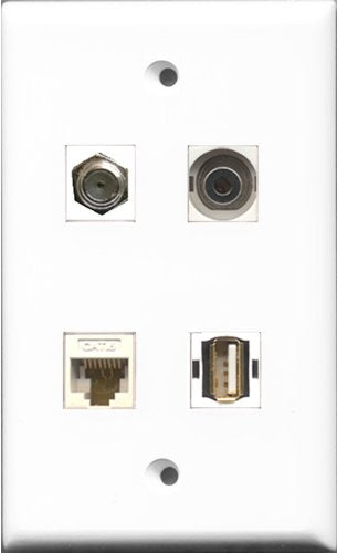 RiteAV 1 Port Coax Cable TV- F-Type and 1 Port USB A-A and 1 Port 3.5mm and 1 Port Cat6 Ethernet White Wall Plate