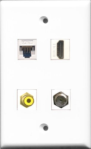 RiteAV - 1 Port HDMI and 1 Port RCA Yellow and 1 Port Coax Cable TV- F-Type and 1 Port Cat5e Ethernet White Wall Plate