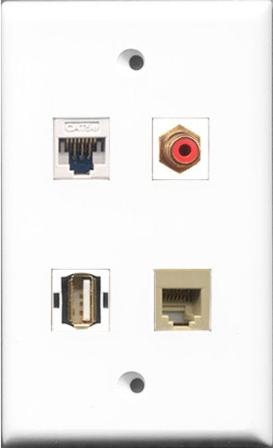 RiteAV 1 Port RCA Red and 1 Port USB A-A and 1 Port Phone RJ11 RJ12 Beige and 1 Port Cat5e Ethernet White Wall Plate