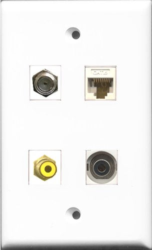 RiteAV 1 Port RCA Yellow and 1 Port Coax Cable TV- F-Type and 1 Port 3.5mm and 1 Port Cat6 Ethernet White Wall Plate