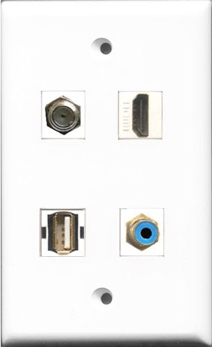 RiteAV 1 Port HDMI and 1 Port RCA Blue and 1 Port Coax Cable TV- F-Type and 1 Port Shielded Cat6 Ethernet Wall Plate