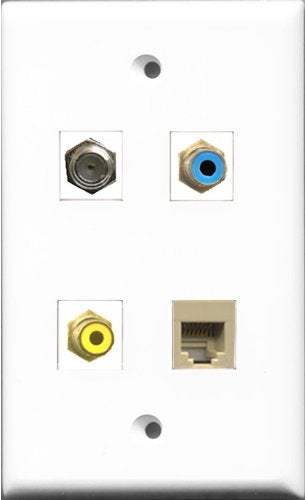 RiteAV 1 Port RCA Yellow and 1 Port RCA Blue and 1 Port Coax Cable TV- F-Type and 1 Port Phone RJ11 RJ12 Beige Wall Plate