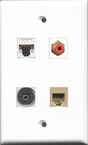RiteAV 1 Port RCA Red and 1 Port Phone RJ11 RJ12 Beige and 1 Port Toslink and 1 Port Cat5e Ethernet White Wall Plate