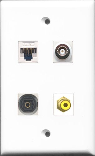 RiteAV - 1 Port RCA Yellow and 1 Port Toslink and 1 Port BNC and 1 Port Cat5e Ethernet White Wall Plate