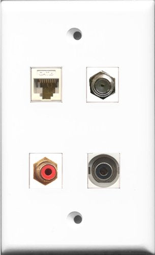 RiteAV 1 Port RCA Red and 1 Port Coax Cable TV- F-Type and 1 Port 3.5mm and 1 Port Cat6 Ethernet White Wall Plate