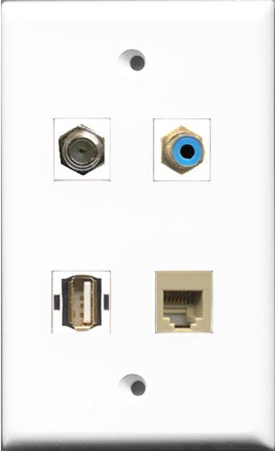 RiteAV 1 Port RCA Blue and 1 Port Coax Cable TV- F-Type and 1 Port USB A-A and 1 Port Phone RJ11 RJ12 Beige Wall Plate