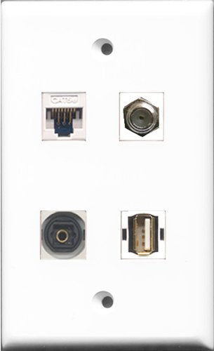 RiteAV - 1 Port Coax Cable TV- F-Type and 1 Port USB A-A and 1 Port Toslink and 1 Port Cat5e Ethernet White Wall Plate