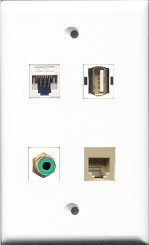 RiteAV 1 Port RCA Green and 1 Port USB A-A and 1 Port Phone RJ11 RJ12 Beige and 1 Port Cat5e Ethernet White Wall Plate