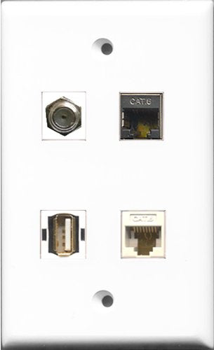 RiteAV 1 Port Coax Cable TV- F-Type and 1 Port USB A-A and 1 Port Shielded Cat6 Ethernet and 1 Port Cat6 Ethernet White Wall Plate