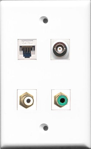 RiteAV - 1 Port RCA White and 1 Port RCA Green and 1 Port BNC and 1 Port Cat5e Ethernet White Wall Plate