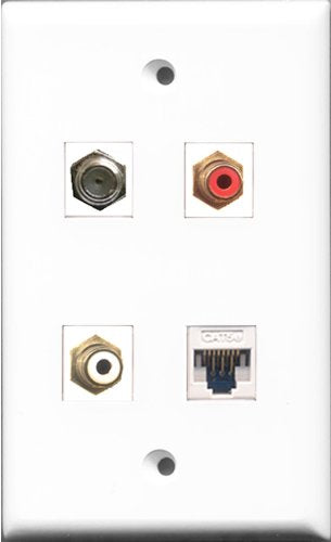 RiteAV 1 Port RCA Red and 1 Port RCA White and 1 Port Coax Cable TV- F-Type and 1 Port Cat5e Ethernet White Wall Plate