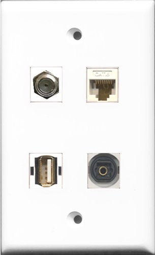 RiteAV 1 Port Coax Cable TV- F-Type and 1 Port USB A-A and 1 Port Toslink and 1 Port Cat6 Ethernet White Wall Plate