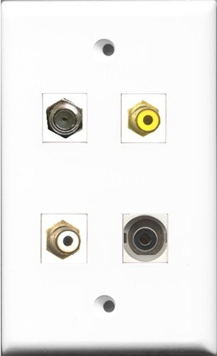 RiteAV 1 Port RCA White and 1 Port RCA Yellow and 1 Port Coax Cable TV- F-Type and 1 Port 3.5mm Wall Plate