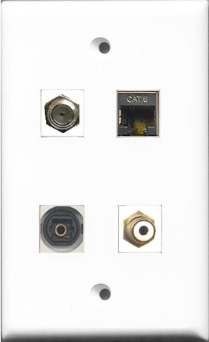RiteAV 1 Port RCA White and 1 Port Coax Cable TV- F-Type and 1 Port Shielded Cat6 Ethernet and 1 Port Toslink Wall Plate