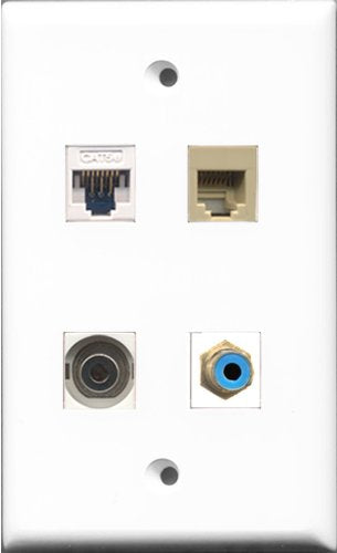 RiteAV 1 Port RCA Blue and 1 Port Phone RJ11 RJ12 Beige and 1 Port 3.5mm and 1 Port Cat5e Ethernet White Wall Plate