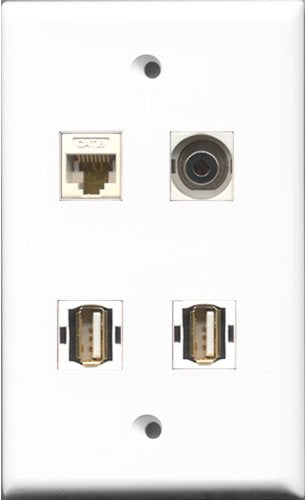 RiteAV - 2 Port USB A-A and 1 Port 3.5mm and 1 Port Cat6 Ethernet White Wall Plate