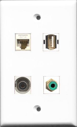 RiteAV 1 Port RCA Green and 1 Port USB A-A and 1 Port 3.5mm and 1 Port Cat6 Ethernet White Wall Plate