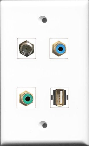 RiteAV 1 Port RCA Green and 1 Port RCA Blue and 1 Port Coax Cable TV- F-Type and 1 Port USB A-A Wall Plate