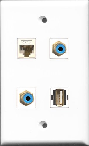 RiteAV - 2 Port RCA Blue and 1 Port USB A-A and 1 Port Cat6 Ethernet White Wall Plate