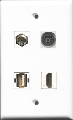 RiteAV 1 Port HDMI and 1 Port Coax Cable TV- F-Type and 1 Port Shielded Cat6 Ethernet and 1 Port Toslink Wall Plate