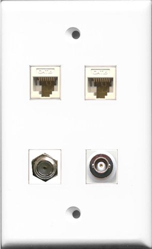 RiteAV 1 Port Coax Cable TV- F-Type and 1 Port BNC 2 Port Cat6 Ethernet White Wall Plate