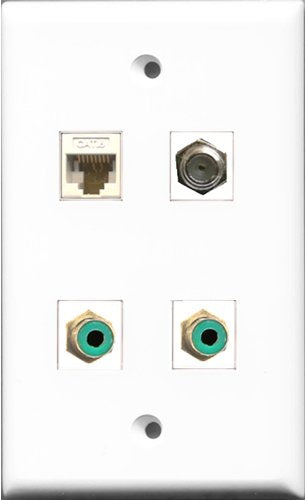 RiteAV - 2 Port RCA Green and 1 Port Coax Cable TV- F-Type and 1 Port Cat6 Ethernet White Wall Plate
