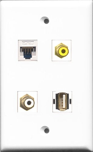 RiteAV 1 Port RCA White and 1 Port RCA Yellow and 1 Port USB A-A and 1 Port Cat5e Ethernet White Wall Plate