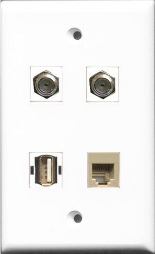 RiteAV - 2 Port Coax Cable TV- F-Type and 1 Port USB A-A and 1 Port Phone RJ11 RJ12 Beige Wall Plate