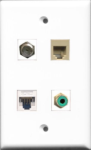 RiteAV 1 Port RCA Green and 1 Port Coax Cable TV- F-Type and 1 Port Phone RJ11 RJ12 Beige and 1 Port Cat5e Ethernet White Wall Plate