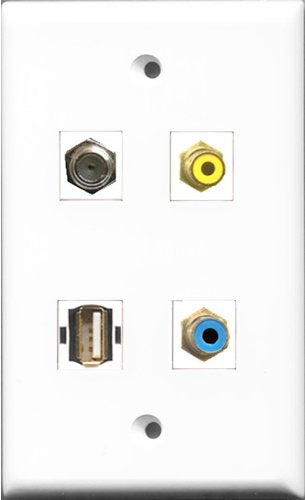 RiteAV 1 Port RCA Yellow and 1 Port RCA Blue and 1 Port Coax Cable TV- F-Type and 1 Port USB A-A Wall Plate