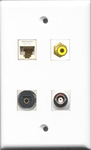 RiteAV 1 Port RCA Yellow and 1 Port Toslink and 1 Port BNC and 1 Port Cat6 Ethernet White Wall Plate