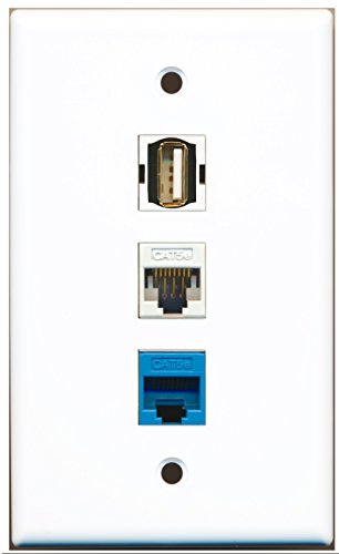 RiteAV - 1 Port USB A-A 1 Cat5e Ethernet White 1 Cat5e Ethernet Blue Wall Plate