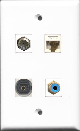 RiteAV 1 Port RCA Blue and 1 Port Coax Cable TV- F-Type and 1 Port Toslink and 1 Port Cat6 Ethernet White Wall Plate