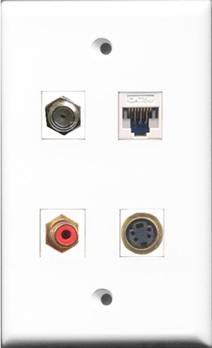 RiteAV 1 Port RCA Red and 1 Port Coax Cable TV- F-Type and 1 Port S-Video and 1 Port Cat5e Ethernet White Wall Plate