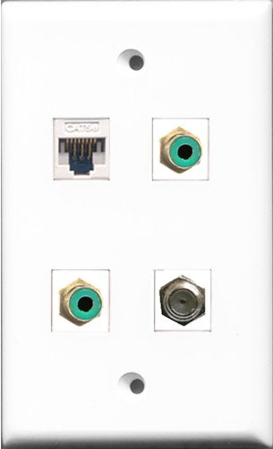 RiteAV - 2 Port RCA Green and 1 Port Coax Cable TV- F-Type and 1 Port Cat5e Ethernet White Wall Plate
