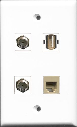 RiteAV - 2 Port Coax Cable TV- F-Type and 1 Port USB A-A and 1 Port Phone RJ11 RJ12 Beige Wall Plate