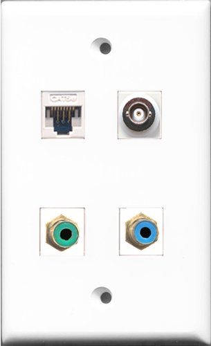 RiteAV - 1 Port RCA Green and 1 Port RCA Blue and 1 Port BNC and 1 Port Cat5e Ethernet White Wall Plate