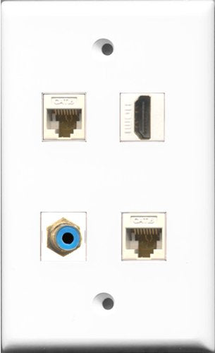RiteAV 1 Port HDMI and 1 Port RCA Blue 2 Port Cat6 Ethernet White Wall Plate