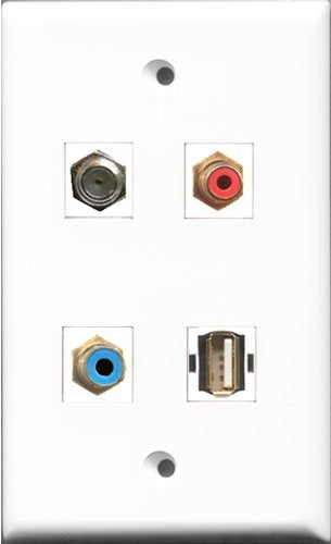 RiteAV 1 Port RCA Red and 1 Port RCA Blue and 1 Port Coax Cable TV- F-Type and 1 Port USB A-A Wall Plate