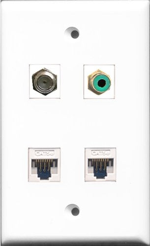 RiteAV 1 Port RCA Green and 1 Port Coax Cable TV- F-Type 2 Port Cat5e Ethernet White Wall Plate