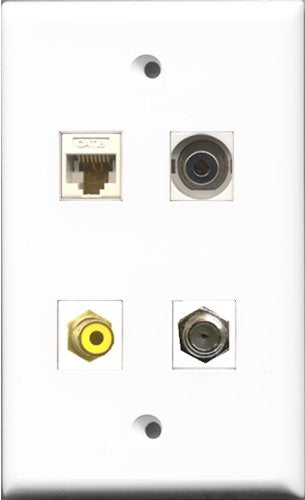 RiteAV 1 Port RCA Yellow and 1 Port Coax Cable TV- F-Type and 1 Port 3.5mm and 1 Port Cat6 Ethernet White Wall Plate