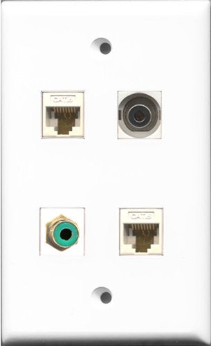 RiteAV 1 Port RCA Green and 1 Port 3.5mm 2 Port Cat6 Ethernet White Wall Plate