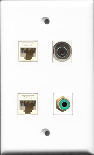 RiteAV 1 Port RCA Green and 1 Port 3.5mm 2 Port Cat6 Ethernet White Wall Plate