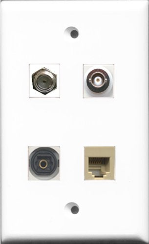 RiteAV 1 Port Coax Cable TV- F-Type and 1 Port Phone RJ11 RJ12 Beige and 1 Port Toslink and 1 Port BNC Wall Plate