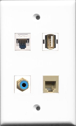 RiteAV 1 Port RCA Blue and 1 Port USB A-A and 1 Port Phone RJ11 RJ12 Beige and 1 Port Cat5e Ethernet White Wall Plate