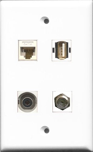 RiteAV 1 Port Coax Cable TV- F-Type and 1 Port USB A-A and 1 Port 3.5mm and 1 Port Cat6 Ethernet White Wall Plate